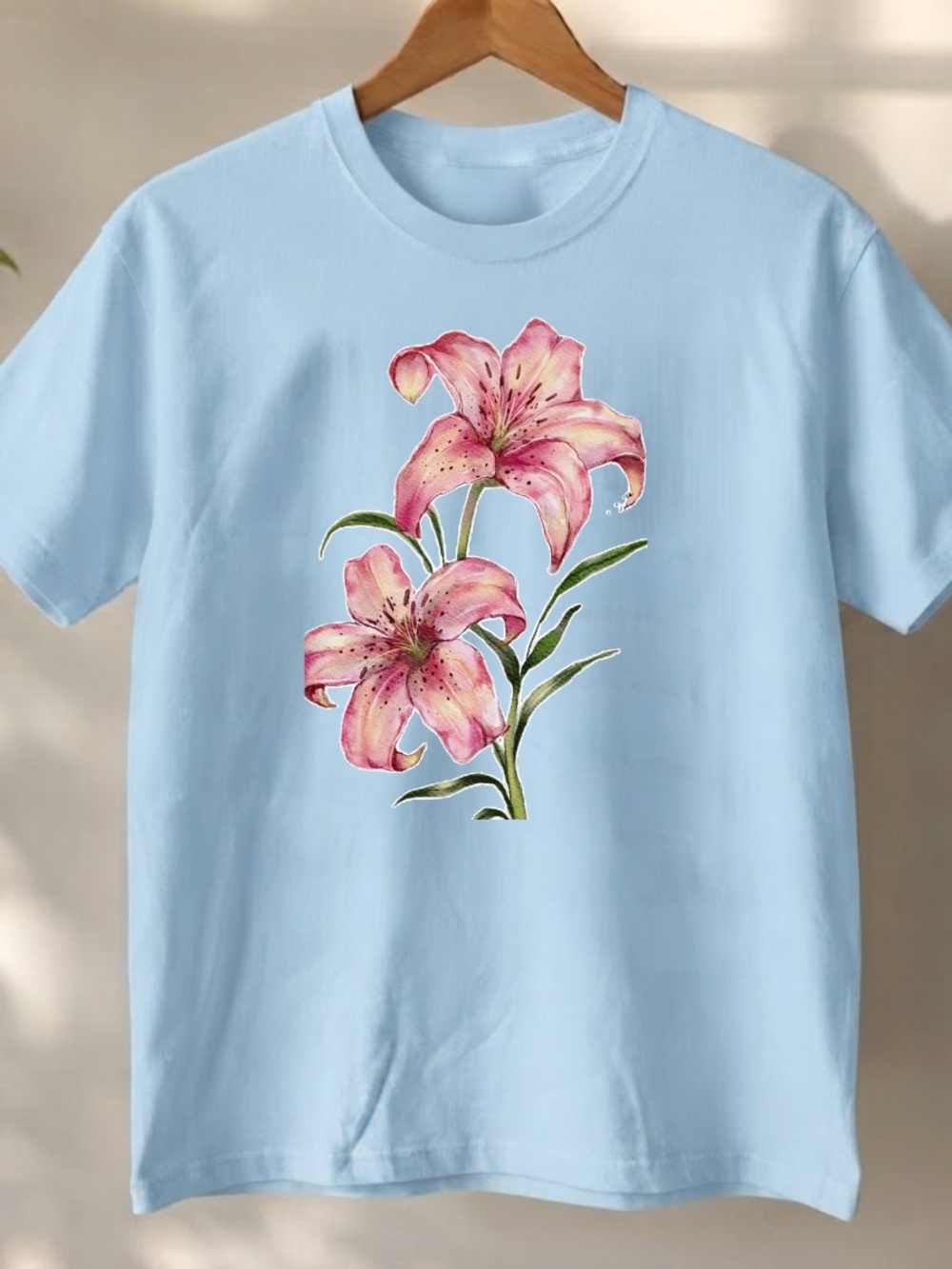 Gildan Light Blue Tee with Pink Lily Graphic | Floral Shirt | Flowers